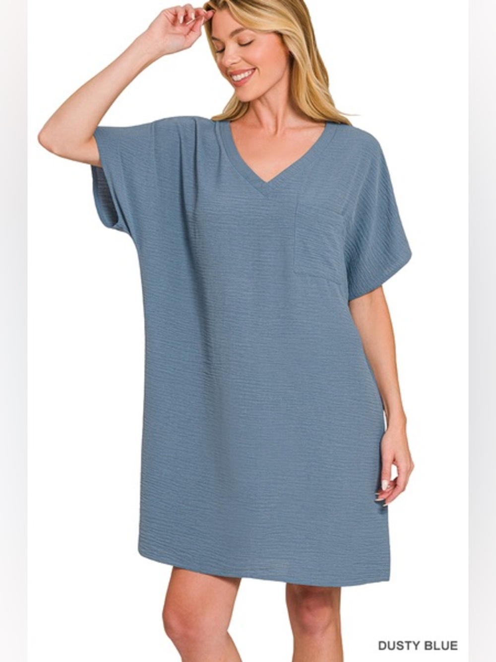 Zenana WOVEN AIRFLOW V NECK T SHIRT DRESS WITH POCKETS